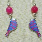 Pink Jade And Damask Bird Charm Earrings