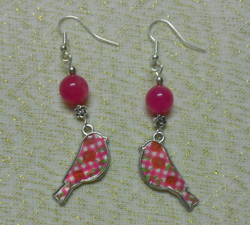 Floral Bird And Pink Jade Earrings