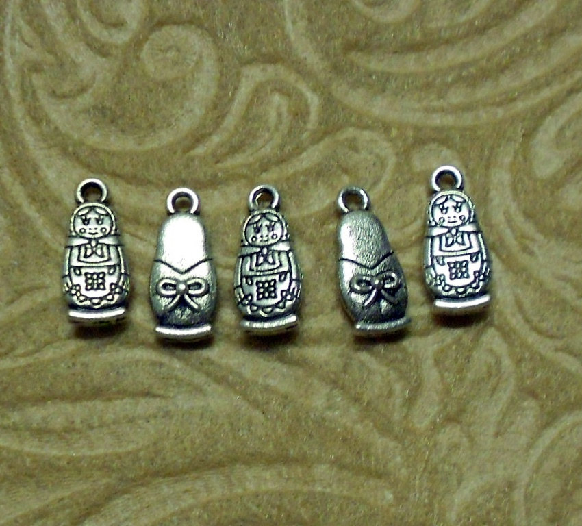 Five Matryoshka "stacking Doll" Silver Charms With Two Earring Hooks